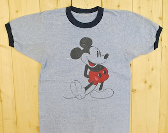 Vintage 1970's Mickey Mouse Heather Blue Ringer T-Shirt / Retro Collectible Rare