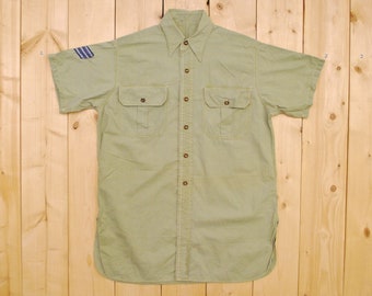Vintage 1949 US Army Pre-Korean War Olive Green Cotton Short Sleeve Dress Shirt / Retro Collectable Rare