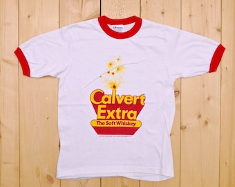 Vintage 1970's White/Red CALVERT EXTRA Ringer T-Shirt / The Soft Whiskey / Made in U.S.A. / Retro Collectable Rare