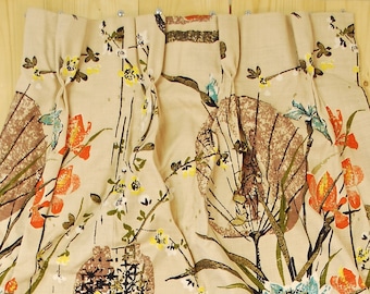 Vintage 1940&#39;s/50&#39;s Set (2) of Barkcloth Curtains / Top 40&quot; Bottom 66&quot; x 56&quot; / Oriental Floral / Bark Cloth Fabric / Retro Collectable Rare