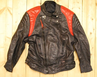 Vintage 1980's Black and Red Leather Motorcycle Jacket / Cafe Racer /  Retro Collectable Rare