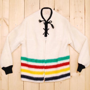 Vintage 1960&#39;s/70&#39;s Traditional HUDSON&#39;S BAY Blanket Women&#39;s Zip Sweater Jacket / 100% Wool / Retro Collectable Rare / bjr