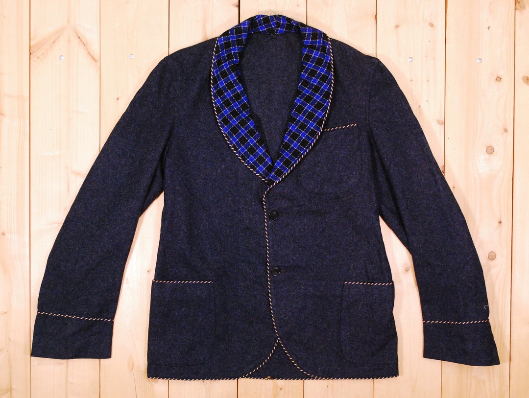 Vintage 1930's/40's Steel Blue Wool Smoking Jacket / Dressing Gown