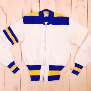 Vintage 1950&#39;s Beige Blue and Yellow VARSITY LETTERMAN Sweater / Retro Collectable Rare
