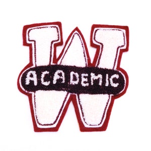 May include: Red felt letter W with white felt inside and a black felt banner with the word "ACADEMIC" in white felt letters.