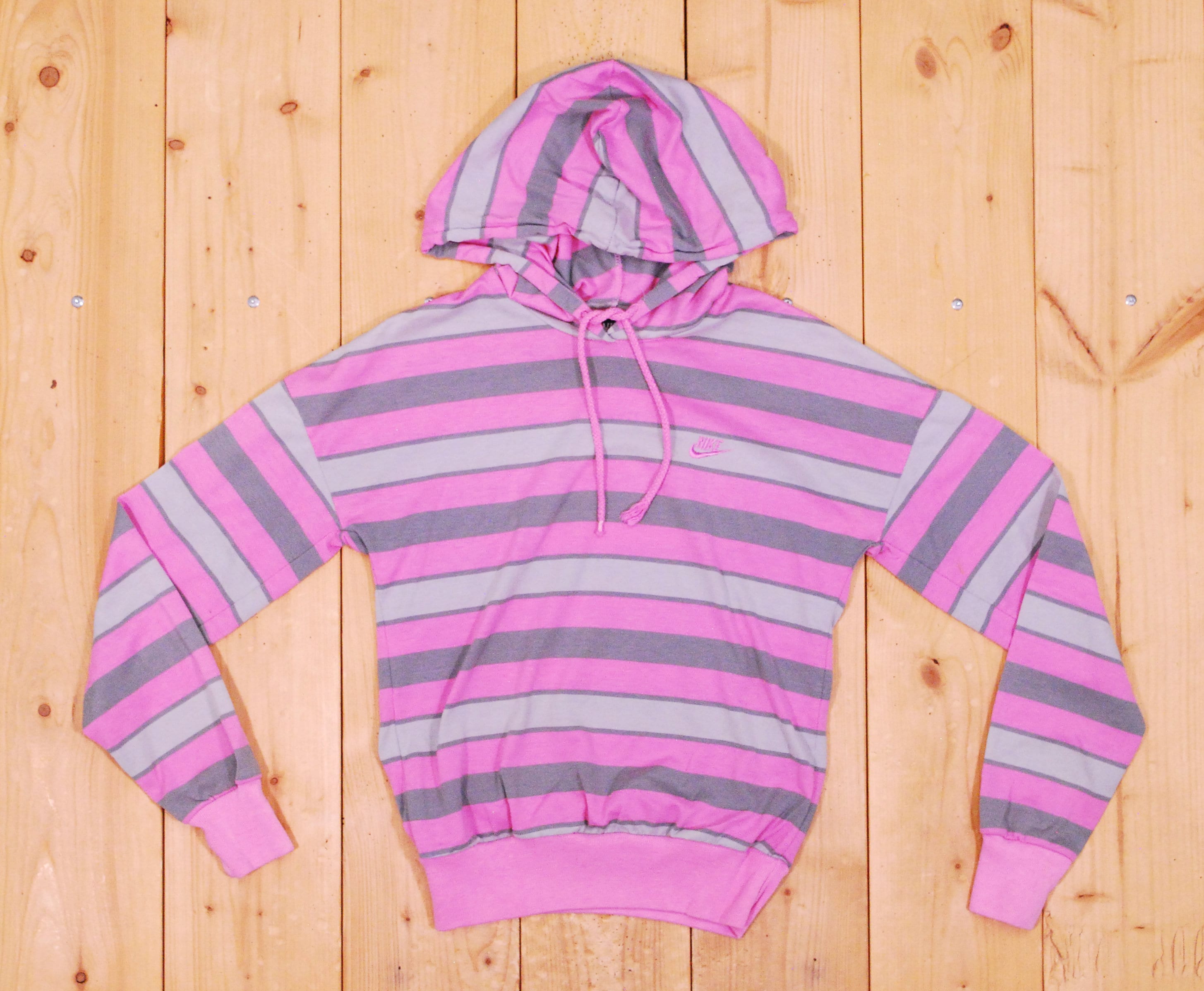Vintage 1980's/90's Pink and Grey Striped Women's NIKE Long Sleeve Hooded T-Shirt / Retro Collectable Rare