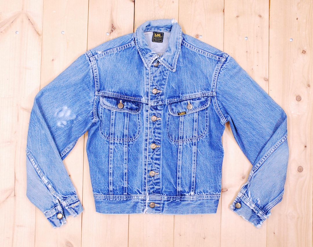 Large 1970s Lee Mens Denim Jacket Pockets Distressed 101-J
