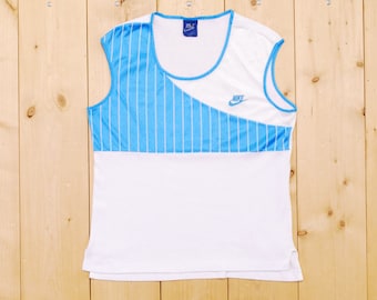 Vintage 1980's Blue and White NIKE Blue Label Running Tank Top / Retro Collectable Rare