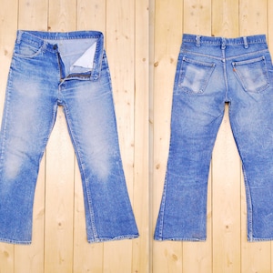 Vintage 1960&#39;s/70&#39;s Trashed LEVIS Big E Orange Tab Denim Flare Jeans / Bellbottom / BoHo Chic / Retro Collectable Rare