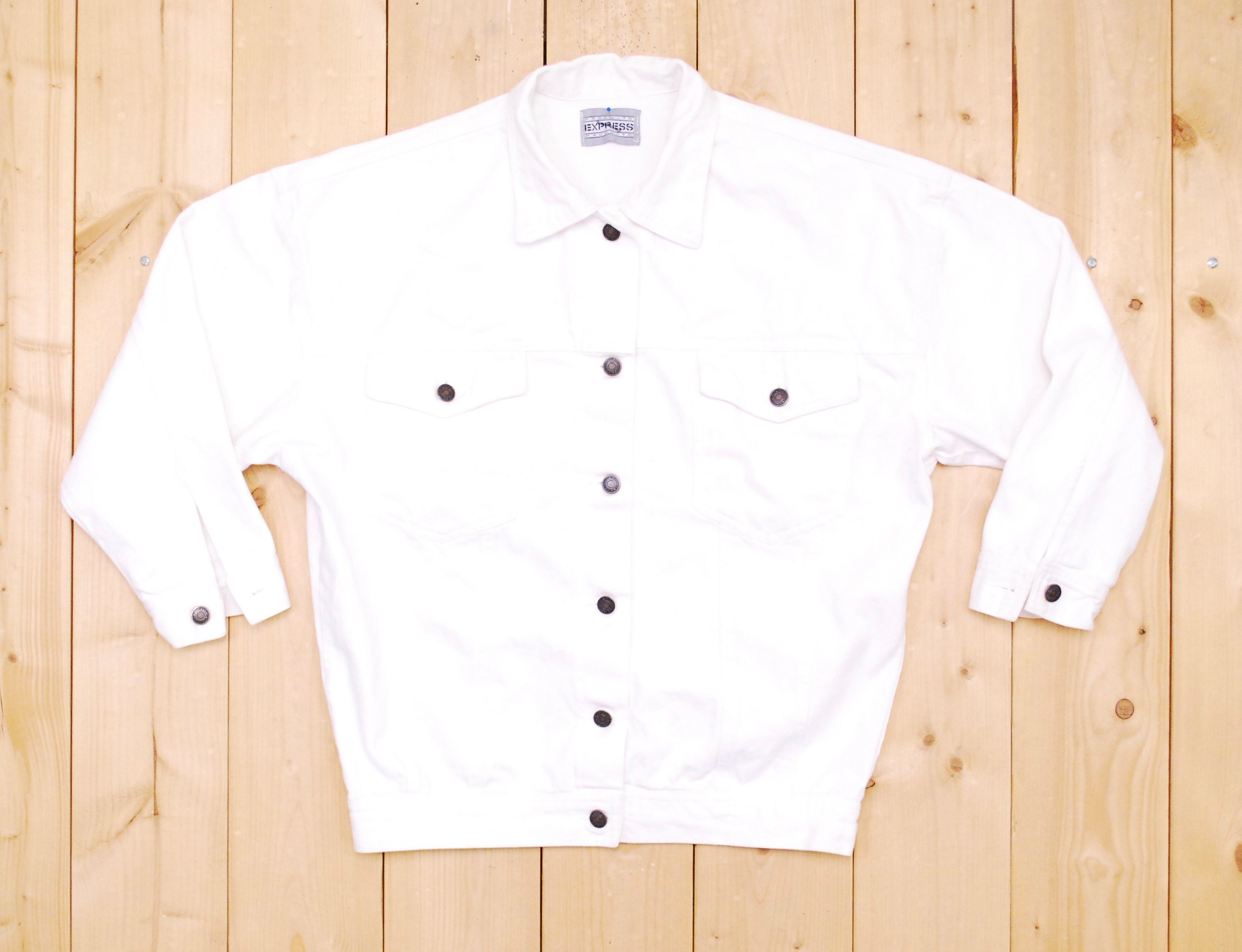 Vintage 1980 s EXPRESS White Denim Jean Jacket Disco Retro