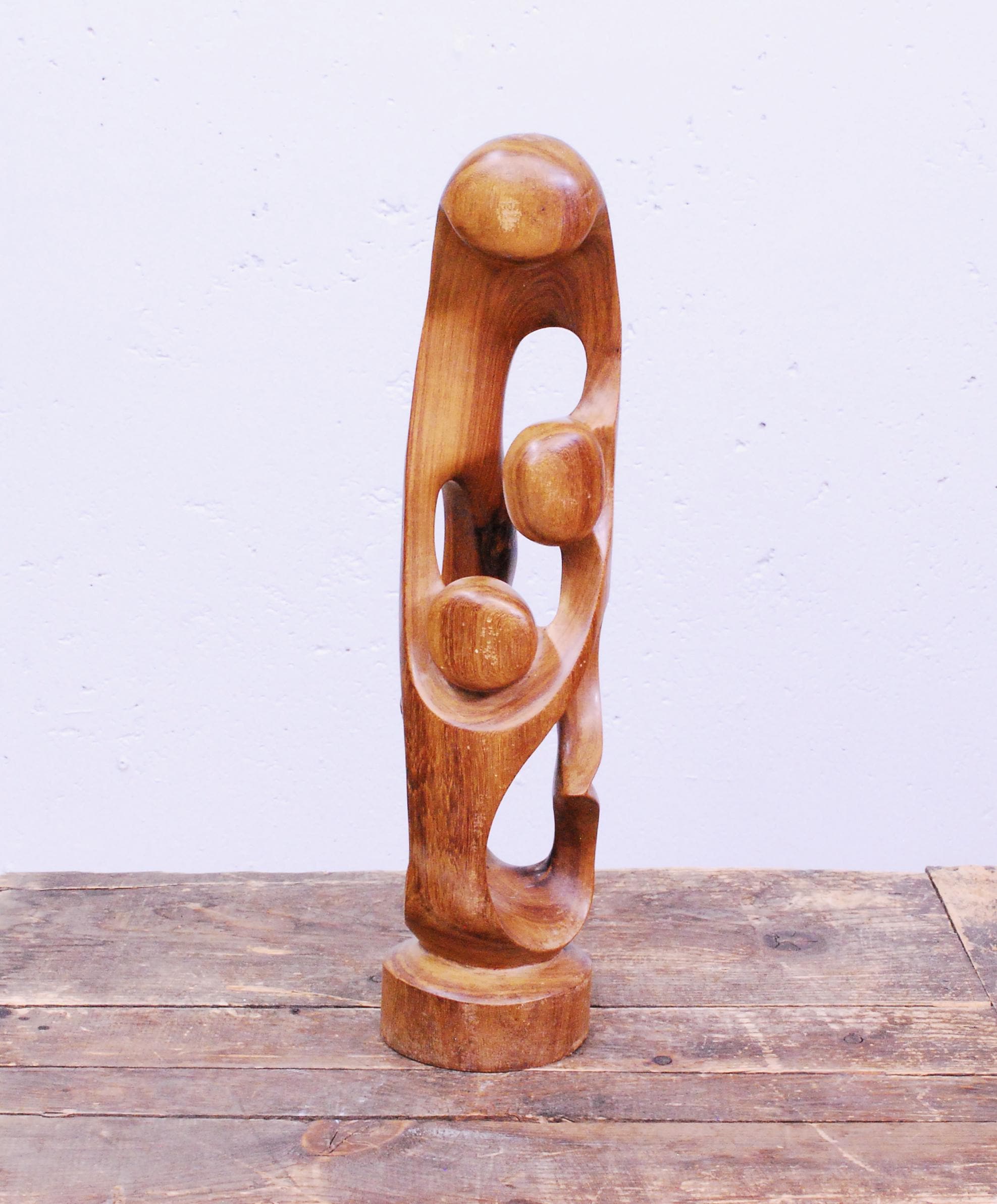 Vintage 1970's Wooden Sculpture / Teak Statue / Mid Century / Mother and Family / Retro Collectable Rare