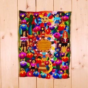 Vintage 1970's/80's Neon Zuid-Amerikaanse Hand Geweven Needlepoint Wall Hanging / Peruviaans Tapijt / Retro Collectable Rare