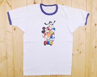 Vintage 1970's DISNEY PALS White Ringer T-Shirt / Mickey, Donald and Goofy / Retro Collectable Rare