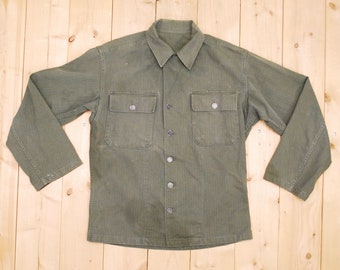 Vintage 1940's WW2 US Army HBT Olive Combat Fatigue Shirt / Retro Collectable Rare