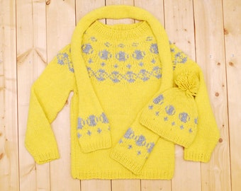 Vintage 1950's/60's Yellow Cowichan Style Sweater with Toque and Scarf / Retro Collectable Rare / bjr