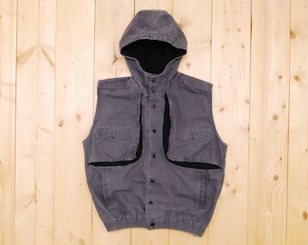 Vintage 1980's Charcoal Grey PERRY FREY Canvas Twill Hooded Vest / Hip Hop / Retro Collectable Rare / bjr