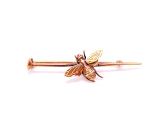 Vintage Antique Rose Gold Bar Pin with Multi Coloured Gold Bee / Rare Collectable Retro