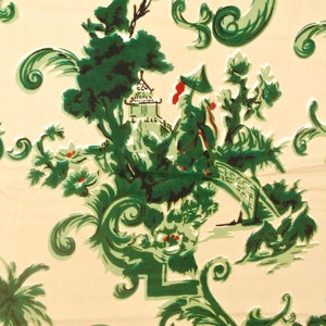 May include: A vintage wallpaper design featuring a green and white repeating pattern of a pagoda, a bridge, and stylized trees and flowers.