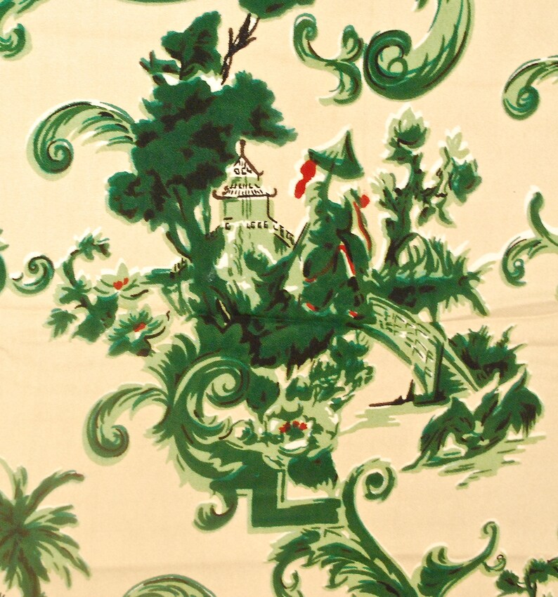 May include: A vintage wallpaper design featuring a green and white repeating pattern of a pagoda, a bridge, and stylized trees and flowers.