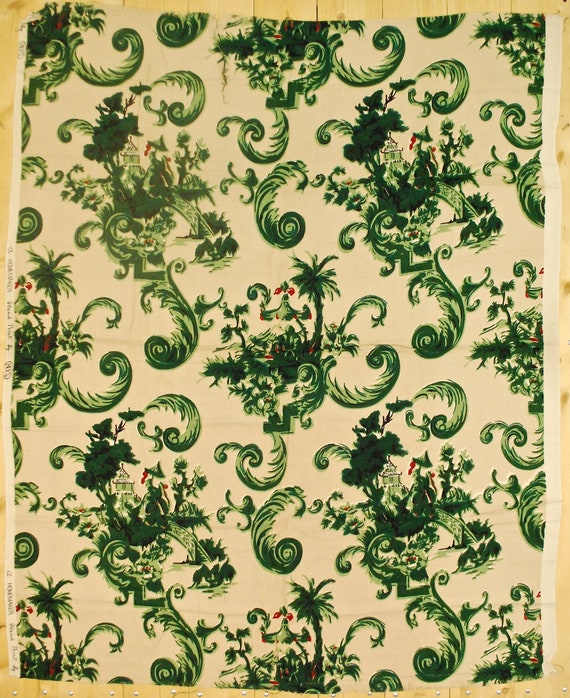 Vintage 1940's/50's Barkcloth Fabric / 43" x 52" / Asian Castle Print / Retro Collectable Rare
