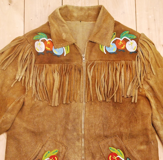 Vintage 1950's/60's First Nations Light Tan Hand Beaded Buck Skin Suede Fringe Jacket / Native American / Retro Collectable Rare View 2