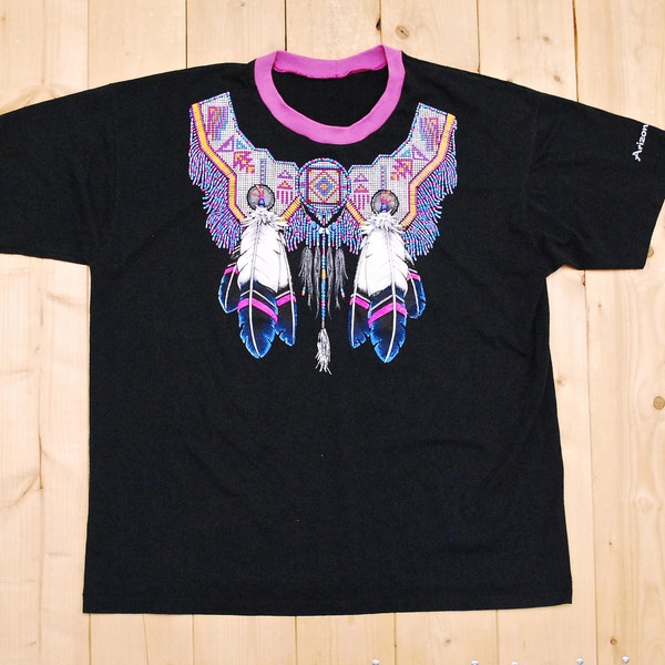 Vintage 1980's/90's Neon First Nations Arizona FEATHERS T-Shirt / Made in U.S.A. / Retro Collectable Rare