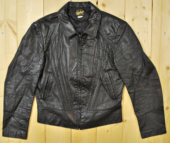 Vintage 1970's Black Leather Motorcycle Jacket / J