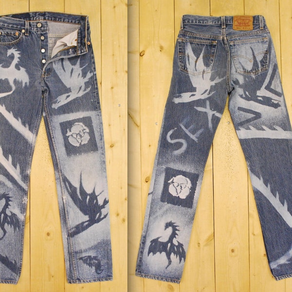 Vintage 1980's LEVIS 501's Custom Graffiti Bleached Denim Jeans / Street Art / BoHo Chic / Made in U.S.A. /  Retro Collectable Rare