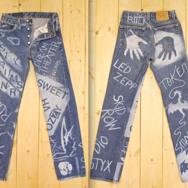 Vintage 1980's LEVIS 501's Custom Graffiti Bleached Denim Jeans / Street Art / BoHo Chic / Made in U.S.A. / Retro Collectable Rare