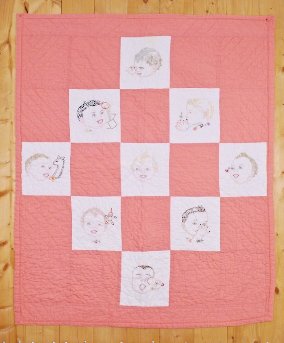 Vintage 1950's Baby's Patchwork QUILT with Needlepoint Embroidery / Hand Quilted / Grandma Made / Retro Collectable Rare