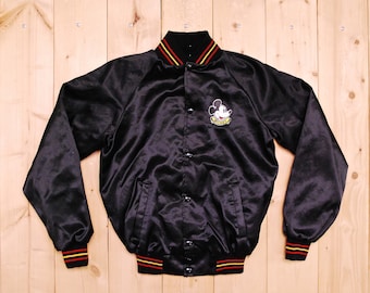 Vintage 1980's DISNEYLAND Black Satin Snap Up Jacket / Made in U.S.A. / MICKEY MOUSE / Retro Collectable Rare