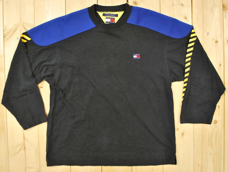 Vintage 1980's/90's TOMMY HILFIGER Long Sleeve T-Shirt / Hip Hop / Tommy Jeans / Neoprene Shoulder Patches / Retro Collectable Rare image 1