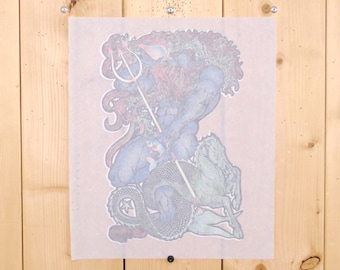 Vintage 1970's Original POSEIDON Iron On Heat Transfer / Greek Mythology / Retro Collectable Rare
