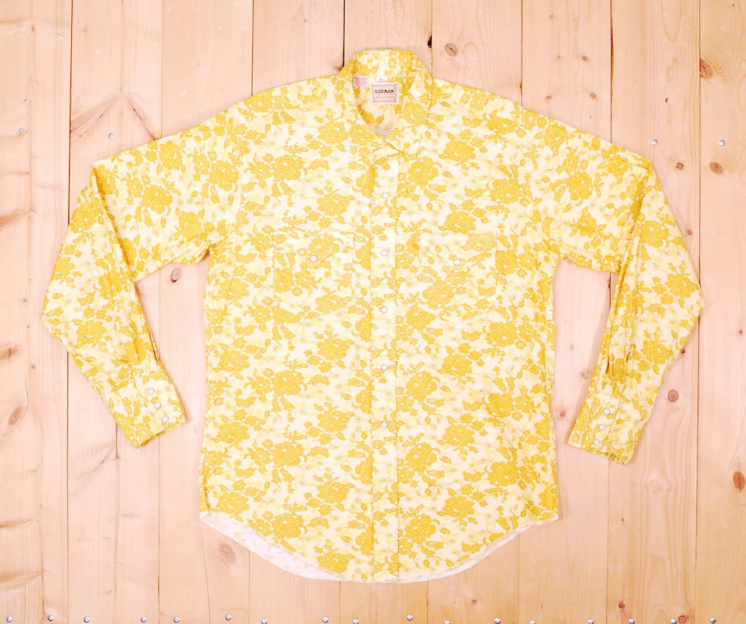 Vintage 1960's70's Yellow KARMAN Floral Print Western Shirt / Made