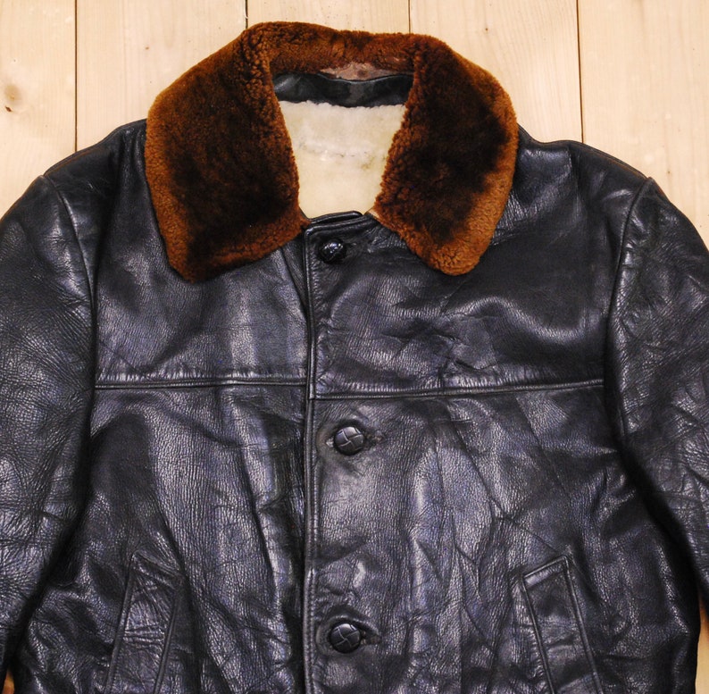 Vintage 1940's/50s Black Shearling Lined 3/4 Length Horsehide Jacket / Retro Collectable Rare image 2