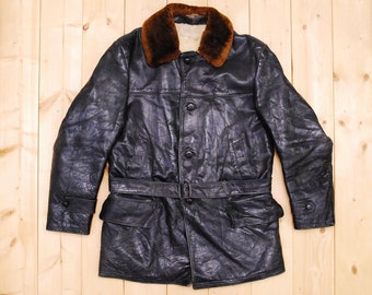 Vintage 1940&#39;s/50s Black Shearling Lined 3/4 Length Horsehide Jacket / Retro Collectable Rare