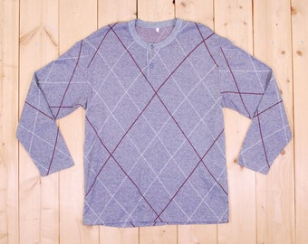 Vintage jaren 1970 grijze Argyle Henley shirt met lange mouwen / sweatshirt / retro verzamelbaar zeldzaam