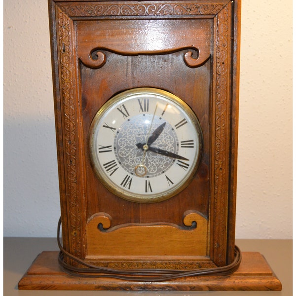 Electric Wood Clock with Beautiful Wood Carvings ~ Clock Movement By Lanshire 105 - 125V. 60 CY.2 W. ~  Vintage 1940 Clock with Wood Carving