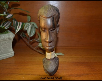 Vintage Wood Carved African head of a Man ~ Vintage Wood African Head with Hair Style ~ Carved Sculpture ~Home Decor ~ African Art ~ Bust