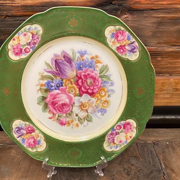 Decorative Plate, Bavaria Tirschen Reuth Decorated in Own Studios.  Beautiful Floral Design with Pinks, Greens, and Yellow and Blues