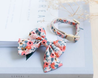 Sailor Bow Cat Collar Set - Rifle Paper Co Rosa Floral | Pink Cat Collar, Floral Cat Collar, Girly Cat Bow, Spring Cat Collar, Breakaway