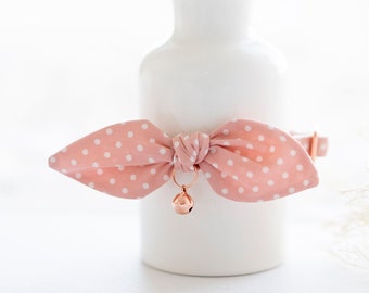 Light Pink Polka Dot Cat Collar with Bow | Soft Pink Cat Collar with Rose Gold Bell | Breakaway Cat and Kitten Collar | Barbie Cat Collar