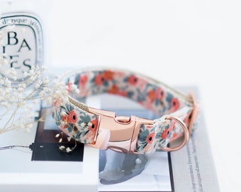 Les Fleurs Rosa Dog Collar / Peach Pink Collar / Floral Print Fabric Dog Collar / Cotton + Steel / Rifle Paper Co / Rose Gold Metal Hardware