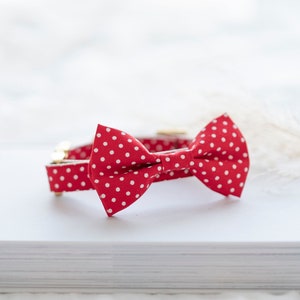 Red Polka Dot Dog Collar with. Bow Tie and Gold Hardware - Red Cotton Dog and Puppy Collar - Summer Dog Collar