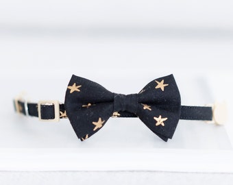 Bow Tie Cat Collar Set - Black Gold Stars | Metallic Gold Cat Collar, Star Cat Collar, Black Cat Collar, Celestial Cat Collar, Black Cat Bow