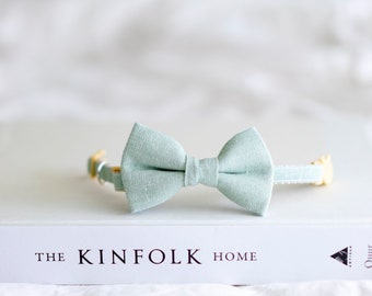 Bow Tie Cat Collar Set - Linen Green | Mint Green Cat Collar, Boy Cat Collar, Seafoam Cat Collar, Linen Cat Collar, Green Cat Bow tie