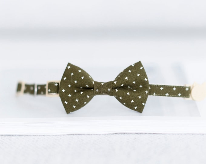 Bow Tie Cat Collar Set - Dark Olive Plus Pattern | Olive Cat Collar, Green Cat Collar, Preppy Cat Collar, Boy Cat Collar, Green Cat Bow Tie