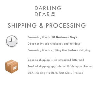 May include: White background with the text "DARLING DEAR CO" and "SHIPPING & PROCESSING". Includes a clock icon and a cardboard box icon. Text states processing time is 10 business days.