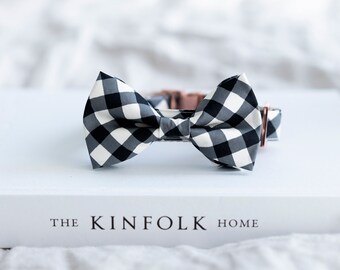 Bow Tie Dog Collar - Black White Checker | Black Gingham Dog Collar, Black Checker Dog Collar, Minimal Dog Collar, Black Dog Collar