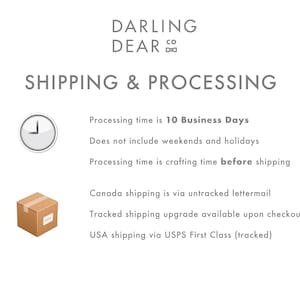 May include: White background with the text "DARLING DEAR CO" and "SHIPPING & PROCESSING". Includes a clock icon and a small brown box icon. Text details processing time and shipping methods.